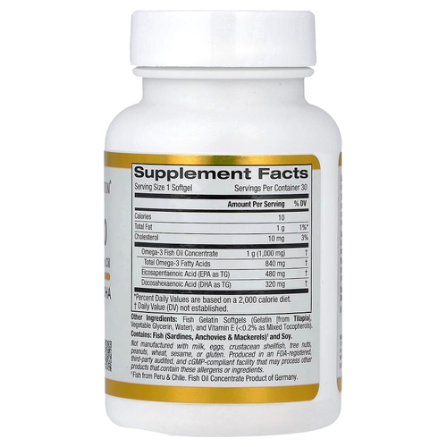 California Gold Nutrition, Omega 800, ультраконцентрированный рыбий жир с омега-3, в форме триглицеридов KD-pur®, 30 капсул из рыбьего желатина (1000 мг в 1 капсуле)