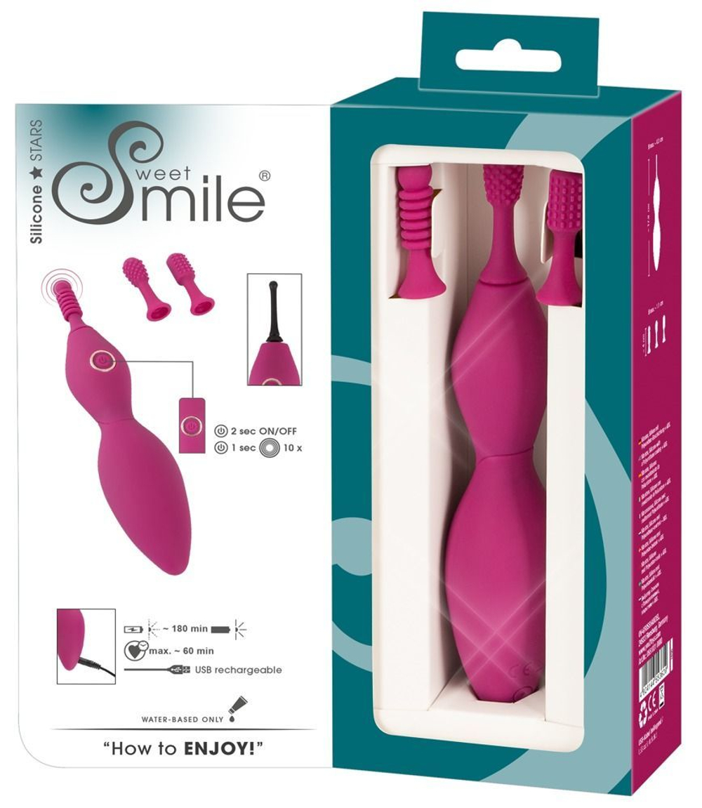 Ярко-розовый клиторальный вибратор с 3 насадками Spot Vibrator with 3 Tips - 17,9 см.