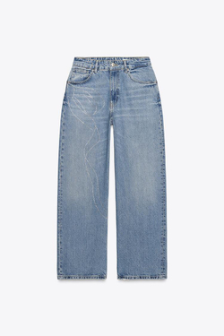 ZARA ДЖИНСЫ RELAXED ОВЕРСАЙЗ С ВЫСОКОЙ ПОСАДКОЙ И СТРАЗАМИ, СИНИЙ