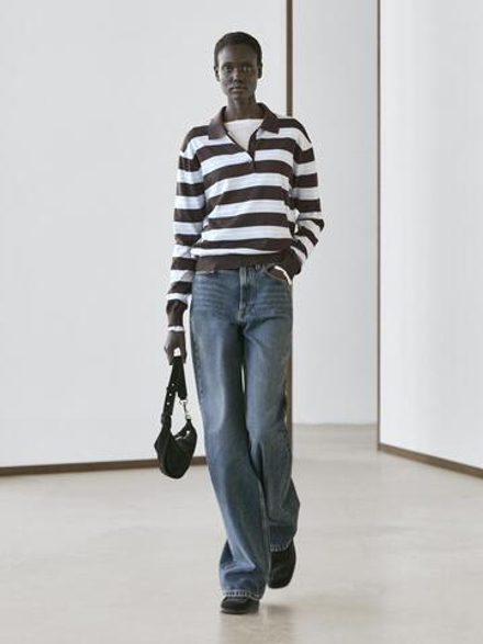 Massimo Dutti Свитер из хлопкового трикотажа в полоску, коричневый