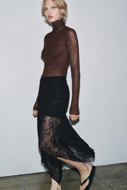 ZARA КОМБИНИРОВАННАЯ ЮБКА ИЗ ЖОРЖЕТА, ЧЕРНЫЙ