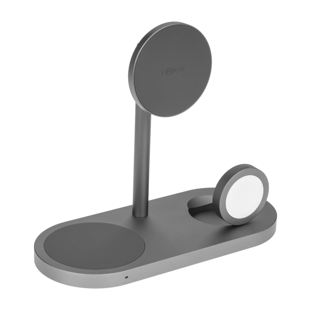 Зарядная станция MagSafe uBear Stage Ultra для iPhone, Apple Watch и AirPods (Qi2) Беспроводная зарядка: Qi 15 Вт, Qi 5 Вт, магнитное крепление для быстрой зарядки Apple Watch (Qi 5 Вт). Проводная зарядка: нет. Сертификация Qi2. Есть LED-индикация