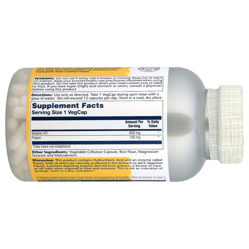 Solaray, высокоэффективный бетаин гидрохлорид с пепсином, 250 растительных капсул