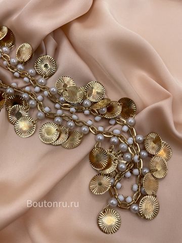 Цепь / бахрома золотистая металлическая декоративная (с монетами и жемчугом)