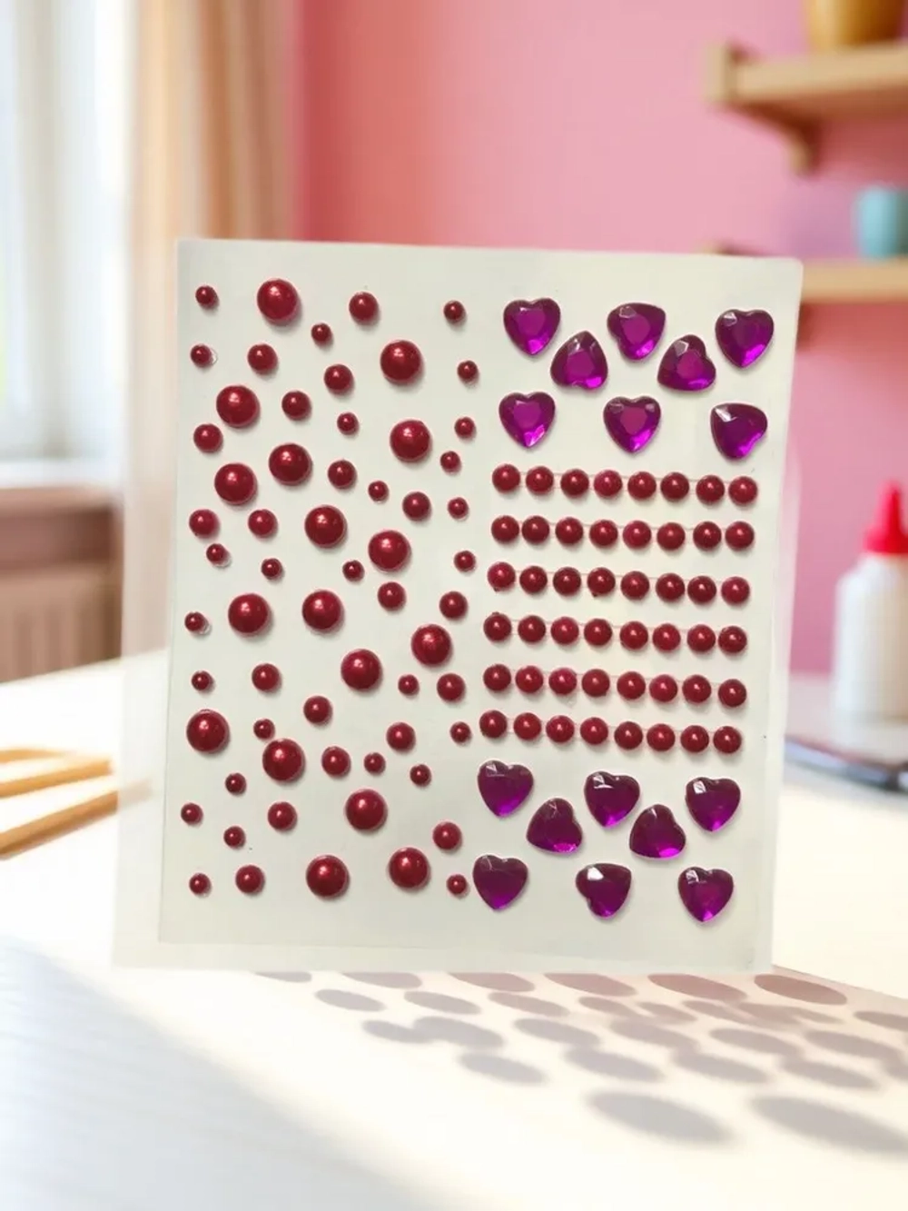 Стразы самоклеющиеся для лица и тела сердечки и кружочки Малиново-красные