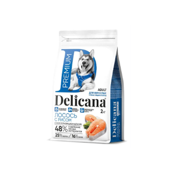 Cухой полнорационный корм для взрослых собак средних пород лосось с рисом Delicana 2кг
