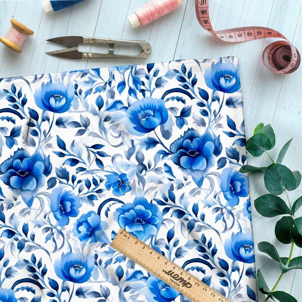 Ткань премиум шелк искусственный Армани цветочная фатназия в голубых тонах