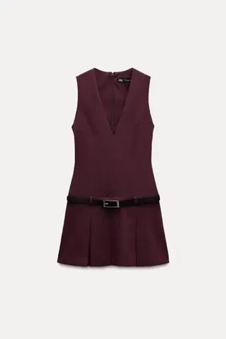 ZARA ПЛАТЬЕ С ДВОЙНЫМ ПОЯСОМ И ЮБКОЙ В СКЛАДКУ, БОРДОВЫЙ
