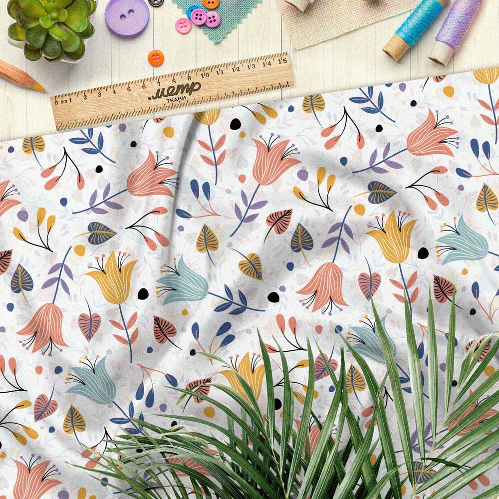 Ткань бязь пастельные колокольчики на белом фоне