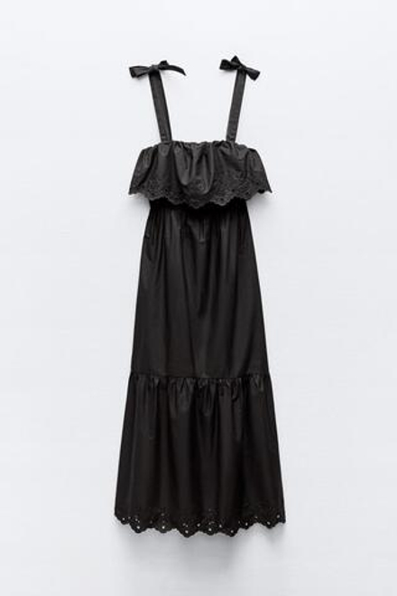 ZARA ПЛАТЬЕ МИДИ С АЖУРНОЙ ВЫШИВКОЙ, ЧЕРНЫЙ
