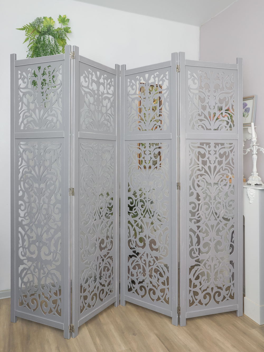 Ширма деревянная резная "Узоры", 4 створки, серая состаренная 1800*2000 мм
