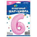 Шар (40"/102 см) Цифра, 6, Сердечки, Розовый, в упаковке 1 шт.