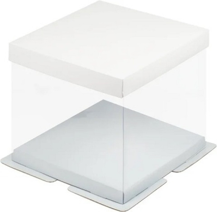 Коробка под торт ПРЕМИУМ прозрачная с пъедесталом 300*300*280 (белая)