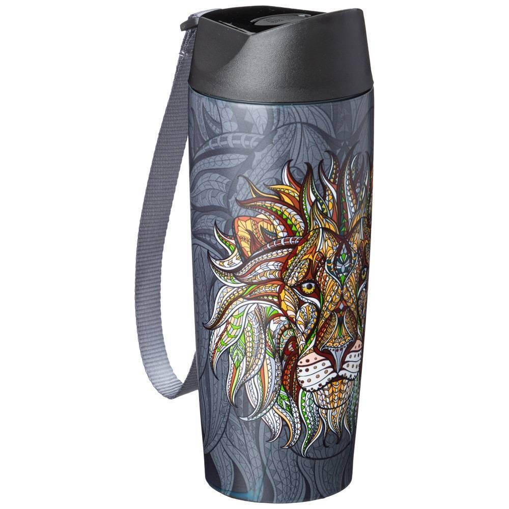 ТЕРМОКРУЖКА AGNESS "ЛЕВ" С КНОПКОЙ-СТОППЕРОМ, 360МЛ КОЛБА НЕРЖ.СТАЛЬ