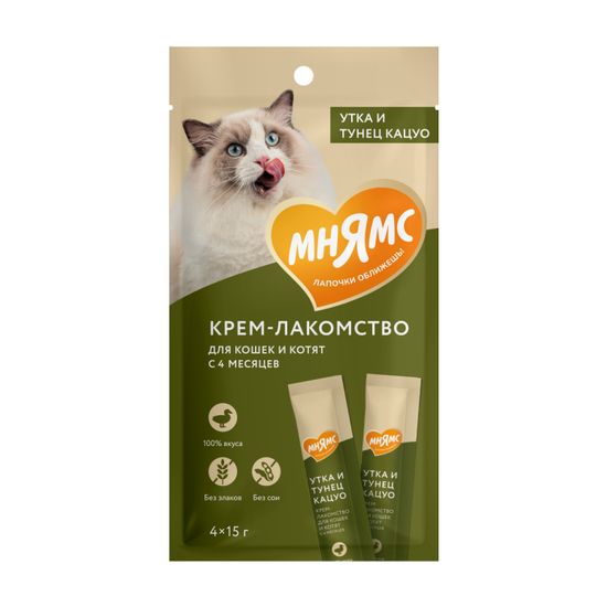 Мнямс Крем -лакомство для кошек с уткой и тунцом Кацуо 15 гр * 4 шт