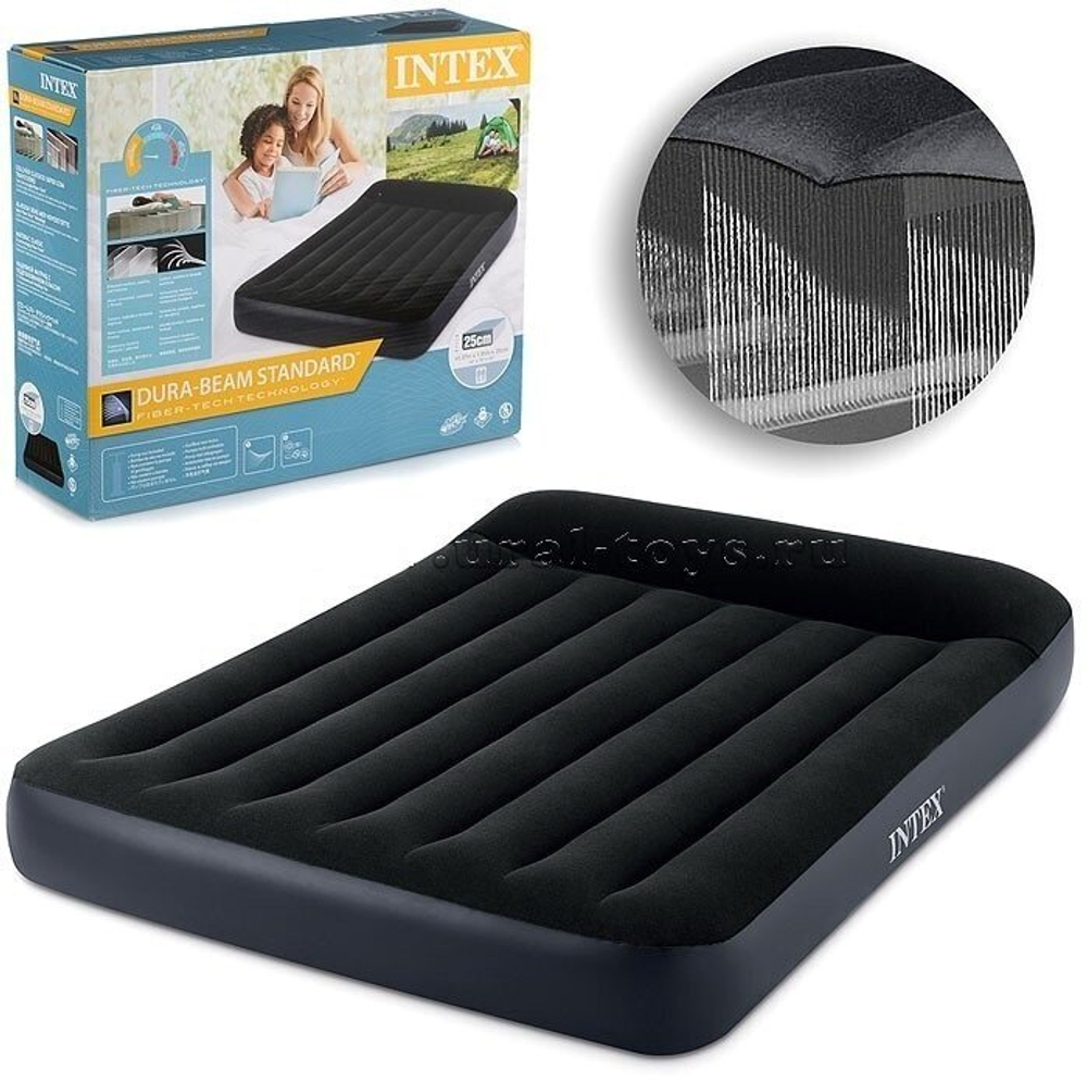 Мaтрас нaдувной Intex 64142 Pillow Rest 137х191х42 см / Крoвать нaдувная Интeкс полуторная велюровая со встроенным электронасосом 220V и подголовником