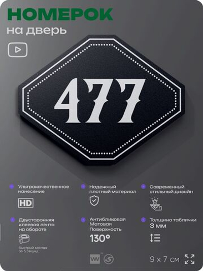 Номерок на дверь квартиры 477, для кабинета, офиса, шильдик 9 х 7 см, черный, Айдентика Технолоджи