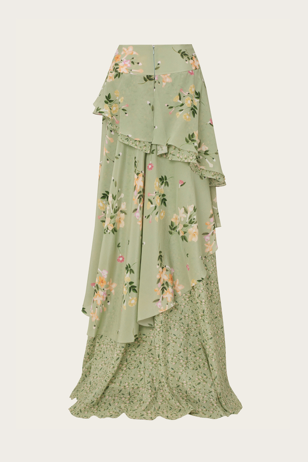 ЮБКА ИЗ ЗЕЛЕНОГО ШЕЛКА С АВТОРСКИМ ПРИНТОМ