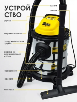 Строительный пылесос промышленный, электрический ZORGEPRO VC-15 ( 1500 Вт, 15 литров, Шланг 1,5М, фильтр, сухая/влажная уборка )