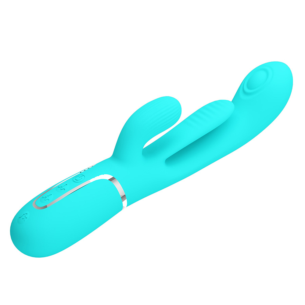 Бирюзовый вибратор-кролик 22,2см с дополнительным язычком Pretty Love Triple Rabbit Multifuncional Vibrador BW-500041-1