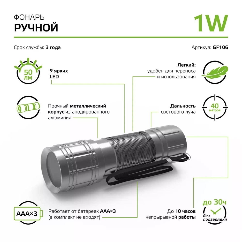 Фонарь Gauss LED ручной модель GFL106 1W 50lm 3xAAA