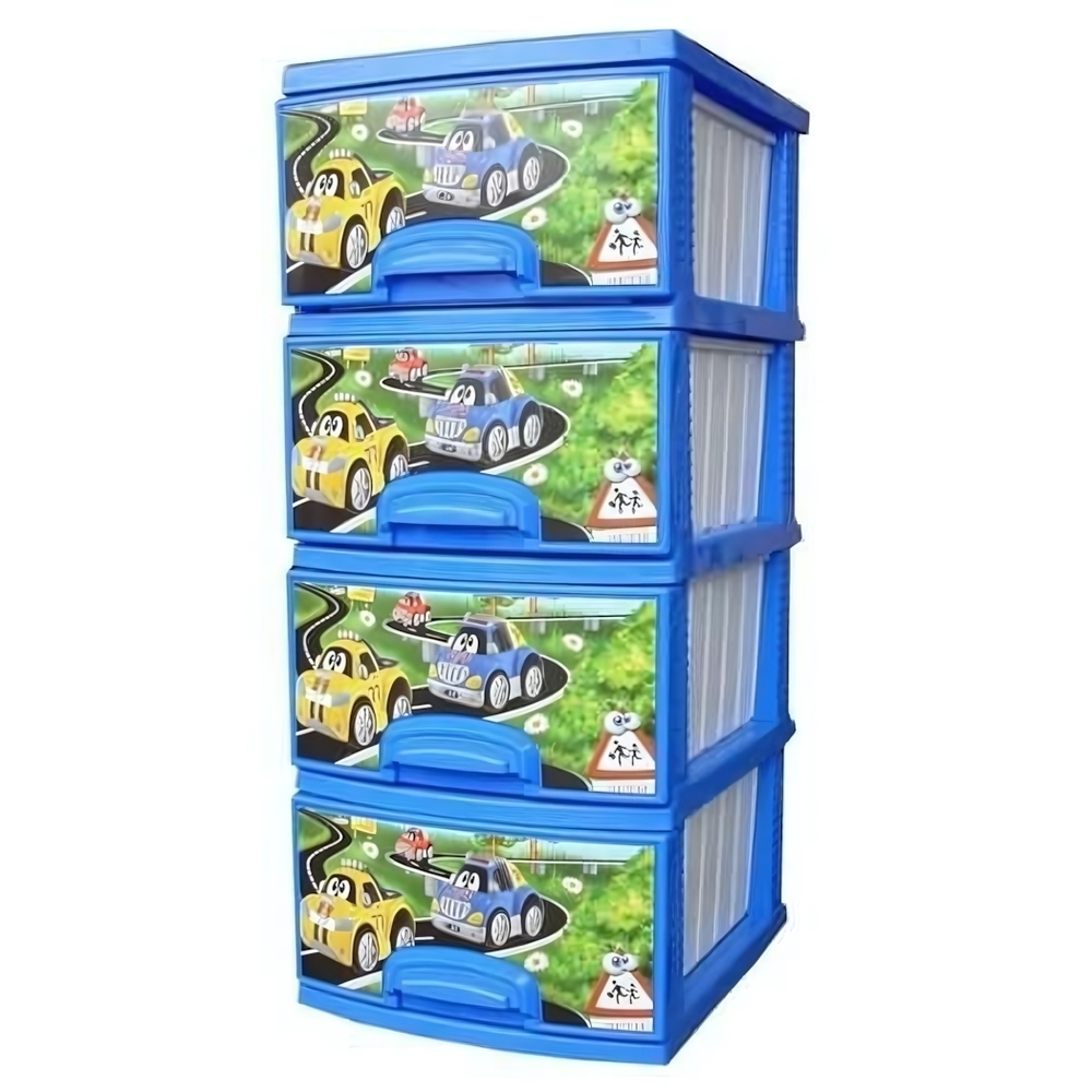 Комод "ДЕКОР"4-х "Машинки" темно-голубой / белый РП-421