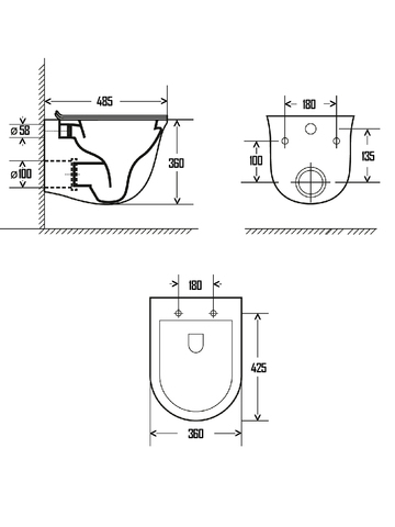 AQM2005 Унитаз подвесной с сиденьем SoftClose, технология смыва Rimless, скрытый крепеж. 485x360x360