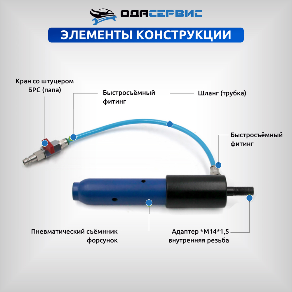 Съемник дизельных форсунок, пневматический с комплектом адаптеров ОДА Сервис ODA-3204B