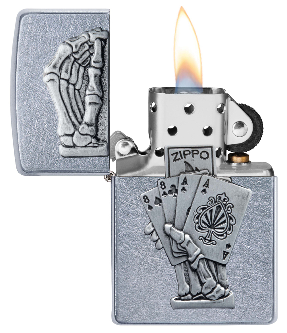 Зажигалка Zippo Dead Mans Hand с покрытием Street Chrome, латунь/сталь, серебристая, 38x13x57 мм