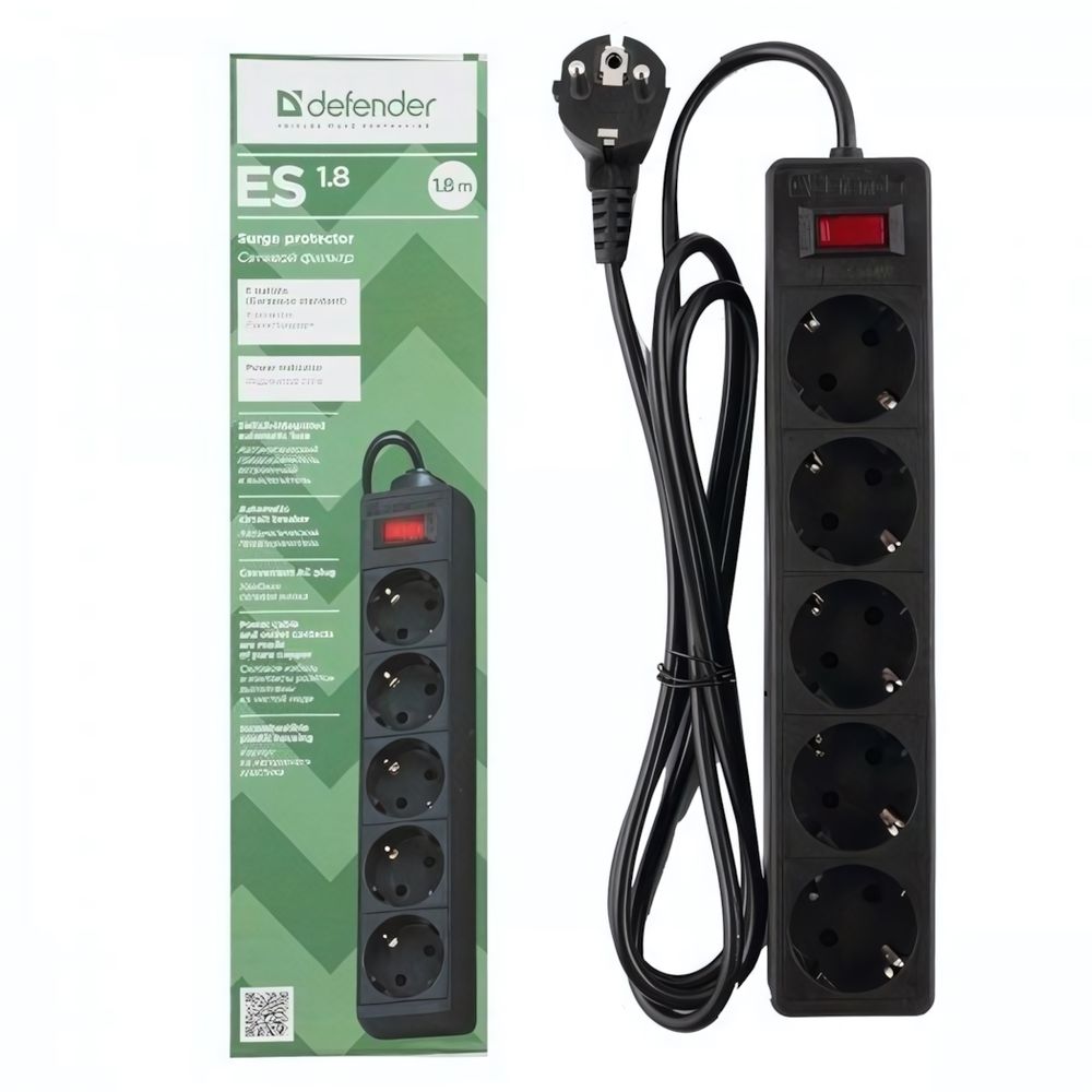 Фильтр сетевой Defender ES, 1,8 м Black (5 розеток)