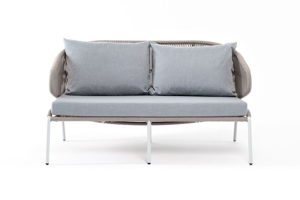 "Милан" диван 2-местный плетеный из роупа, каркас алюминий светло-серый (RAL7035) муар, роуп серый меланж круглый, ткань светло-серая