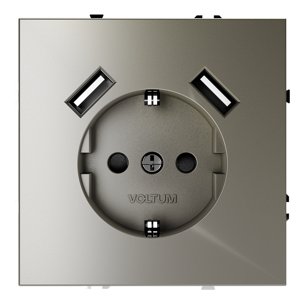 Розетка встраиваемая VOLTUM S70 с заземлением и защитными шторками, 16А, с USB, A+A, (шелк)
