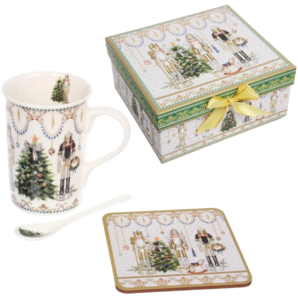 Кружка керамическая 300мл «Щелкунчик» в наборе с ложкой и подставкой, в подарочной коробке