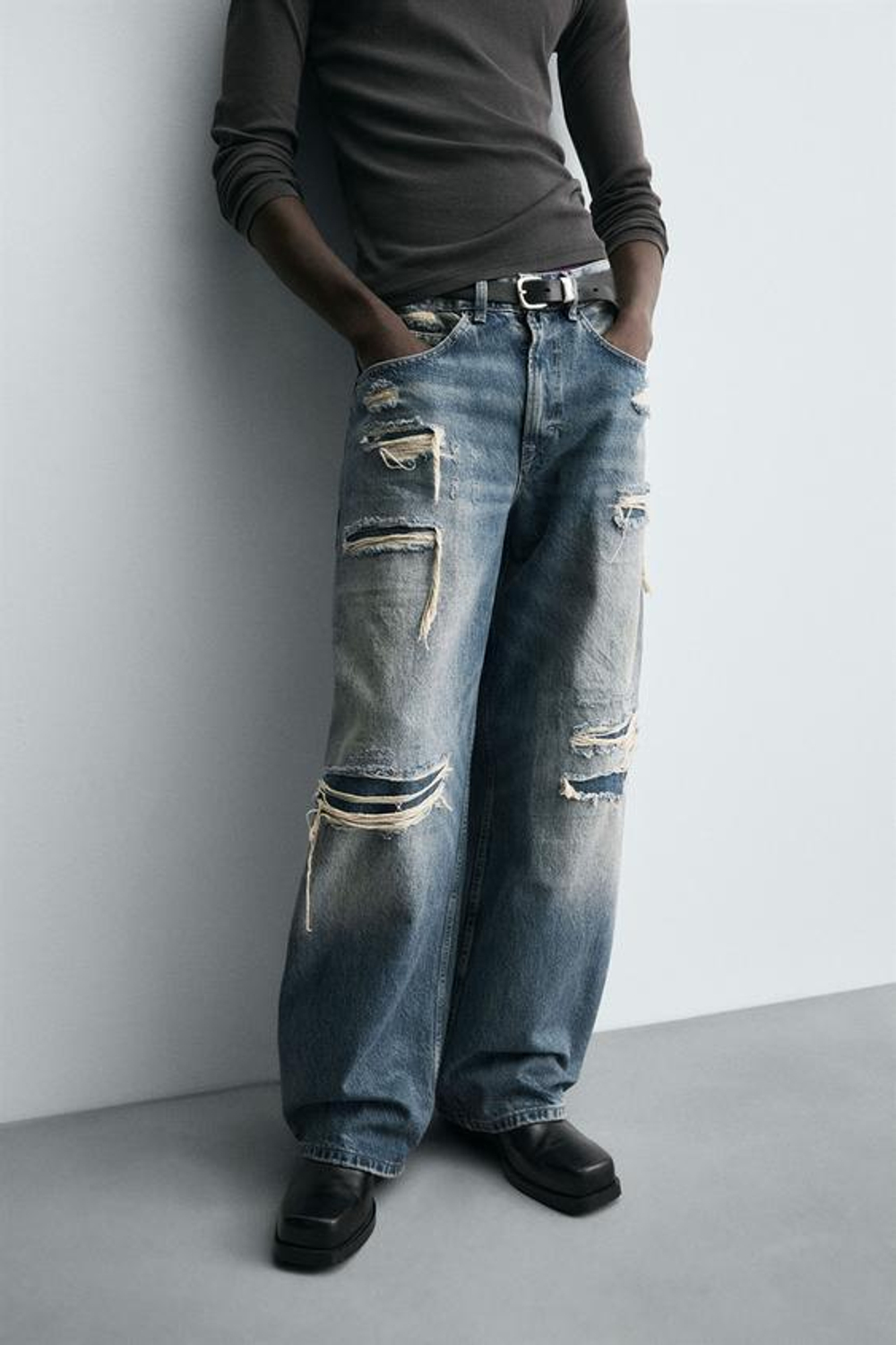 ZARA ДЖИНСЫ BALLOON FIT С РАЗРЕЗАМИ, ВЫЦВЕТШИЙ СИНИЙ