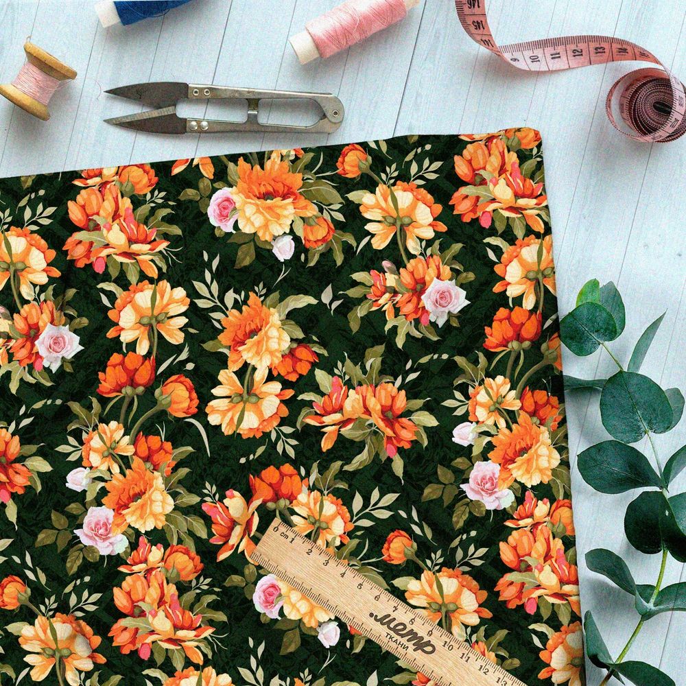 Ткань атлас оранжевые цветы со вкусом ностальгии