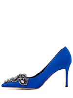 Женские туфли кожаные синие с камнями у носка