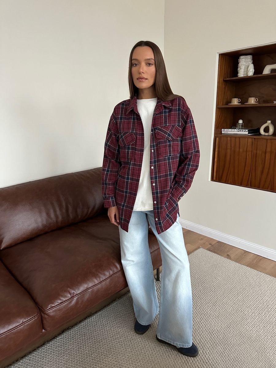 Рубашка из хлопка оверсайз в клетку бордовая