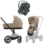 Коляска 3 в 1 Cybex Priam IV Rosegold complete и автокресло Aton B2 i-Size Steel Grey Cozy Beige