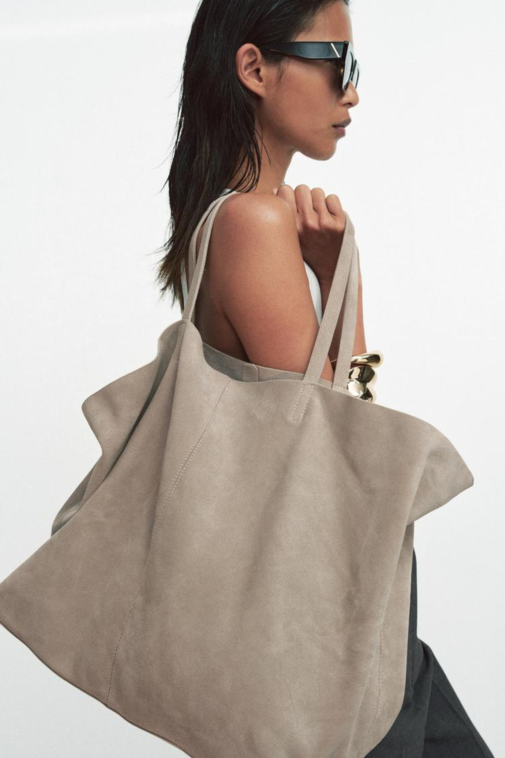 ZARA ЗАМШЕВАЯ СУМКА-ШОПЕР MAXI, ПЕСОЧНЫЙ/КОРИЧНЕВЫЙ