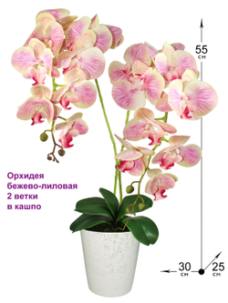 Искусственная Орхидея бежево-лиловая 2 ветки 55 см в кашпо