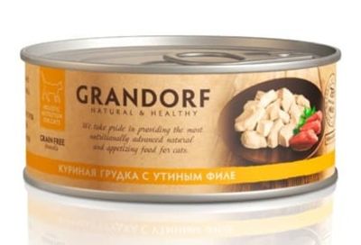 Влажный корм для кошек GRANDORF из куриной грудки с утиным филе, банка 70г