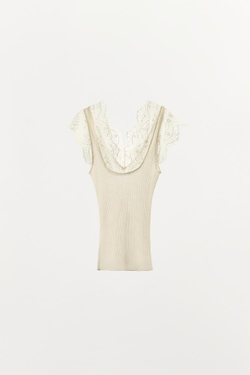 ZARA ТРИКОТАЖНЫЙ ТОП С КРУЖЕВОМ, ЭКРЮ