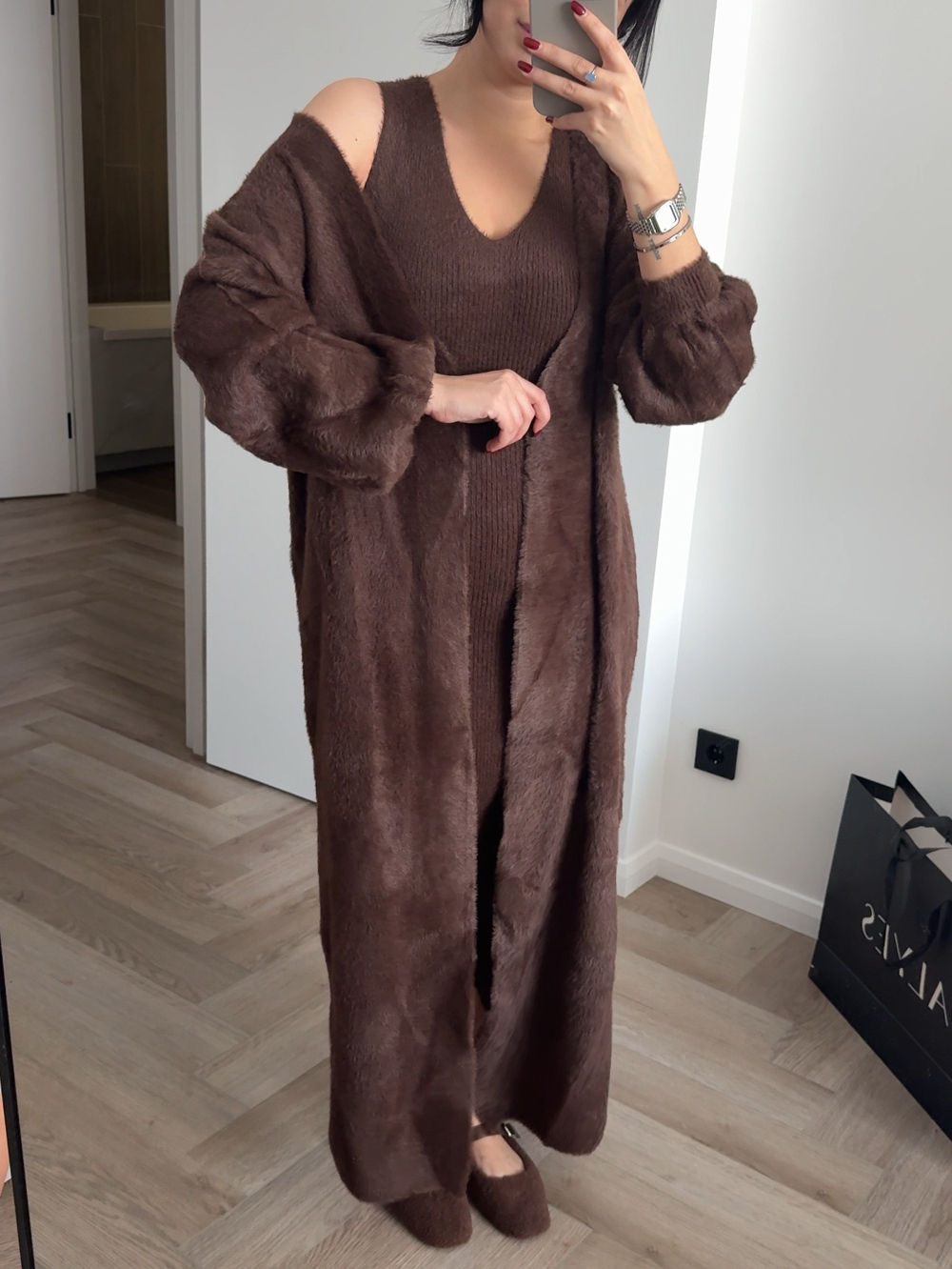 Кардиган вязаный, пушистый, длинный