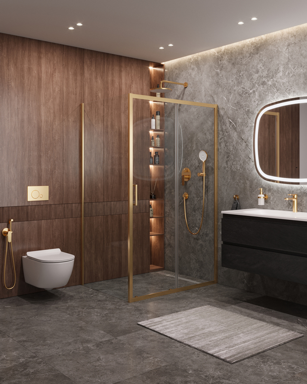 Душевой уголок Cezares MOLVENO-AH-11-140/90-C-BORO-IV, 140х90х195, профиль брашированное золото, прозрачное стекло