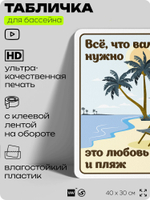 Табличка для бассейна "Всё, что вам нужно, это любовь и пляж", на пляж, для общественной и частной зоны отдыха, информационная, 40х30 см, Silver Plane x Айдентика Технолоджи