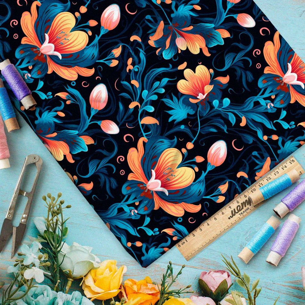 Ткань премиум шелк искусственный Армани ночные цветы