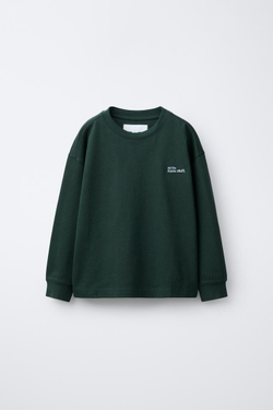 ZARA ФУТБОЛКА HEAVY WEIGHT С ВЫШИТОЙ НАДПИСЬЮ, БУТЫЛОЧНО-ЗЕЛЕНЫЙ