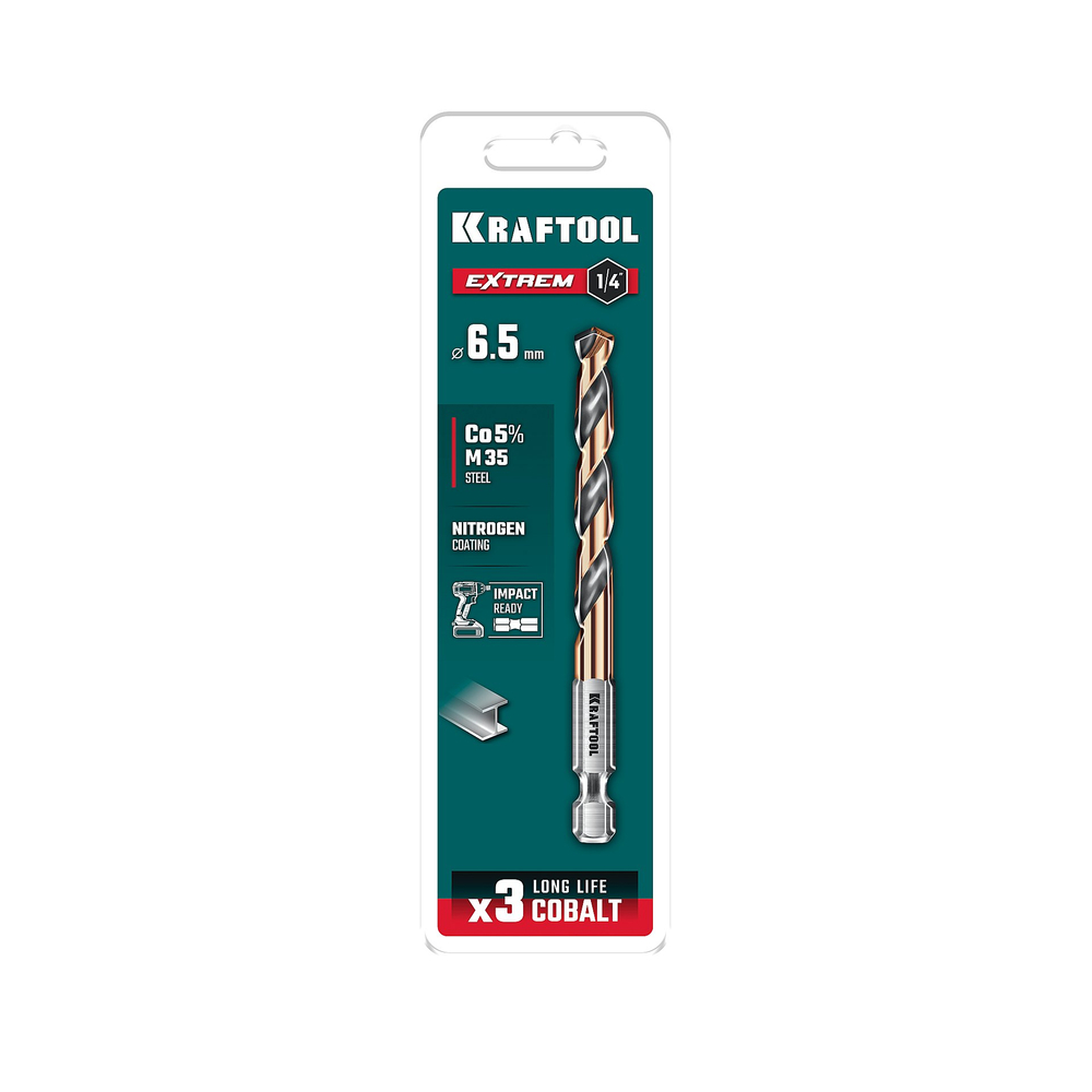 KRAFTOOL НЕХ-1/4″, d 6.5 х 107 мм, сверло по металлу для винтовёртов и шуруповертов IMPACT READY (29652-6.5)