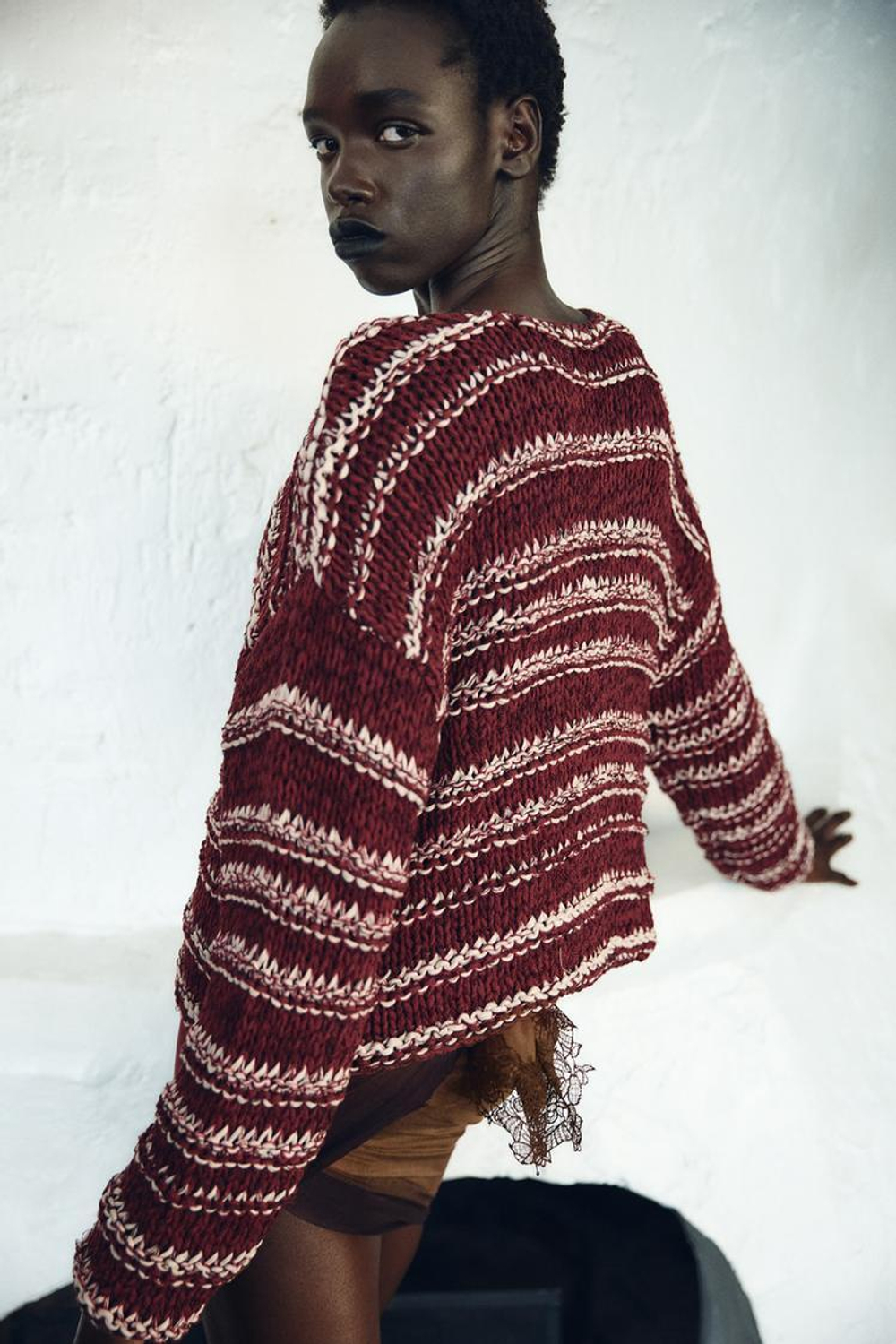 ZARA КОМБИНИРОВАННЫЙ КАРДИГАН, БЕЛЫЙ/ГРАНАТОВЫЙ