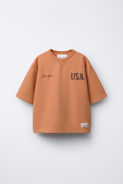 ZARA ФУТБОЛКА ИНТЕРЛОК С НАДПИСЬЮ, ОРАНЖЕВЫЙ